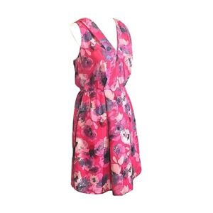 Rebecca Taylor Size 4 Sleeveless V Neck Silk Knee Length Dress Pink Floral Flare